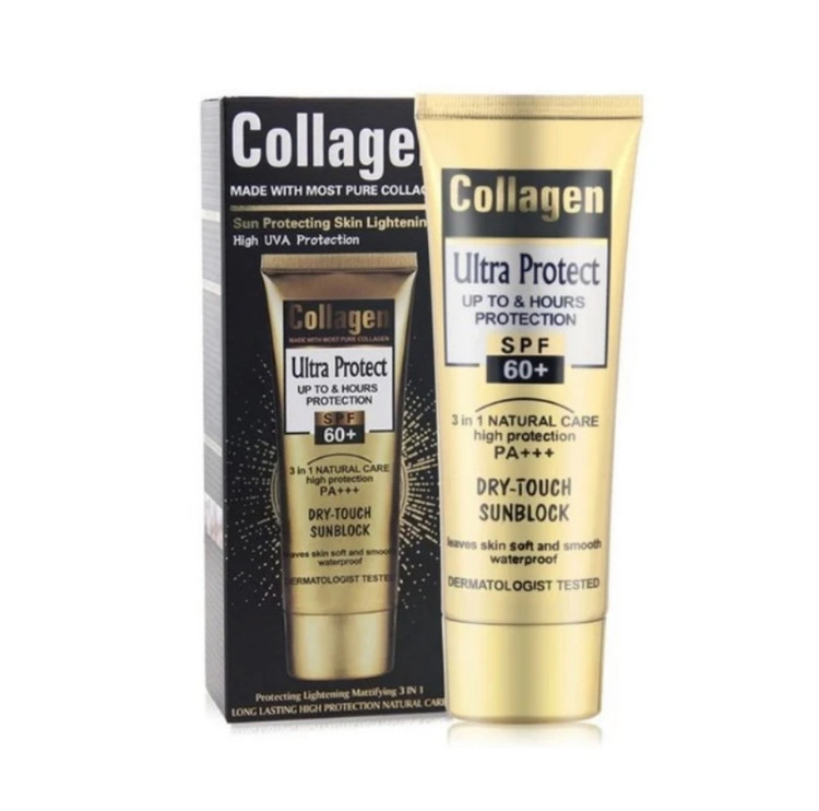 کرم ضدآفتاب بیرنگ کلاژن مدل Ultra Protect با SPF 60 و ++++PA، حجم 130 میلیلیتر، محافظت قوی در برابر اشعه UVA و UVB، ضد آب، مناسب انواع پوست