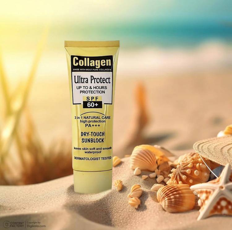 کرم ضدآفتاب بیرنگ کلاژن مدل Ultra Protect با SPF 60 و ++++PA، حجم 130 میلیلیتر، محافظت قوی در برابر اشعه UVA و UVB، ضد آب، مناسب انواع پوست