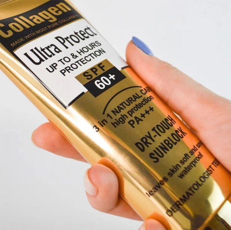 کرم ضدآفتاب بیرنگ کلاژن مدل Ultra Protect با SPF 60 و ++++PA، حجم 130 میلیلیتر، محافظت قوی در برابر اشعه UVA و UVB، ضد آب، مناسب انواع پوست
