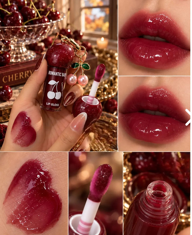 لیپ گلاس آویز دار ،رومانتیک رین ، رنگ زرشکی ،مدل CHERRY حجم 8 میل